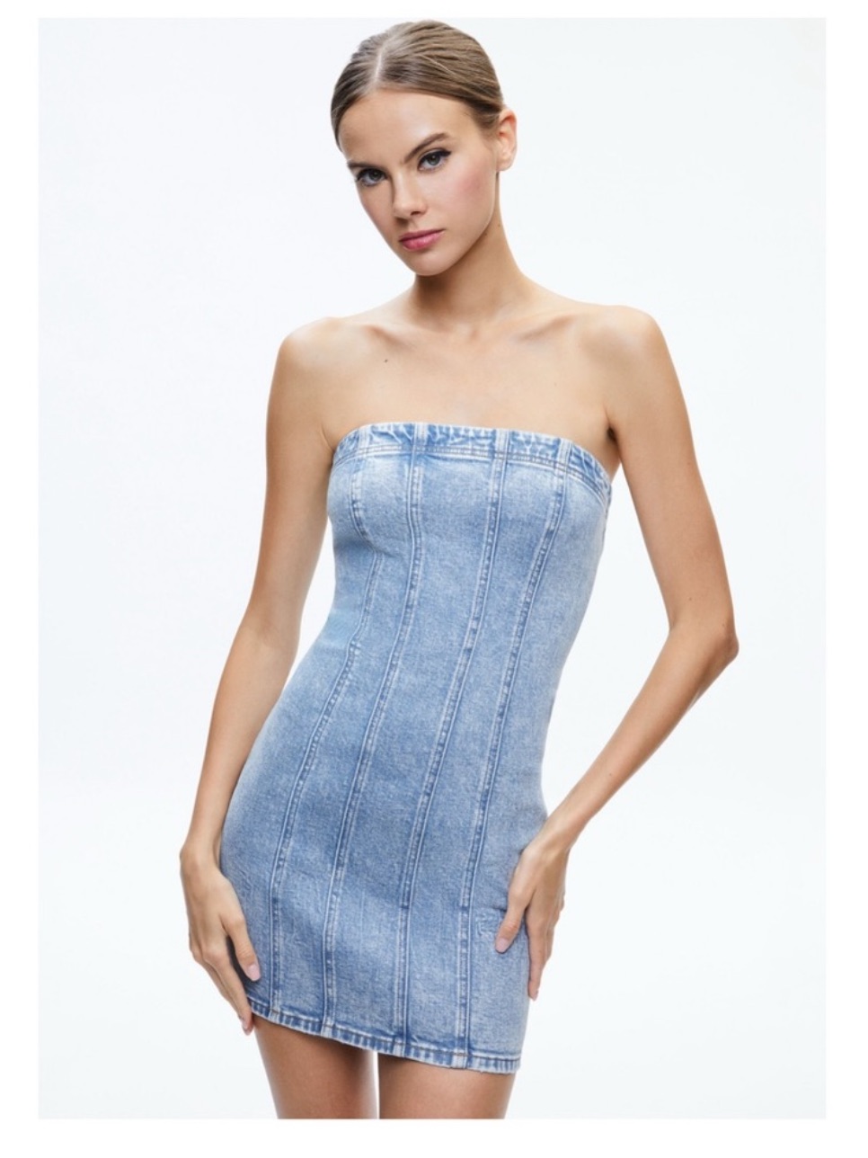 New! Alice + Olivia Palmer Strapless Bodycon Denim Mini Dress